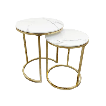 Cato Nest of 2 Tall Gold End Tables with Polar White Sintered Stone Tops